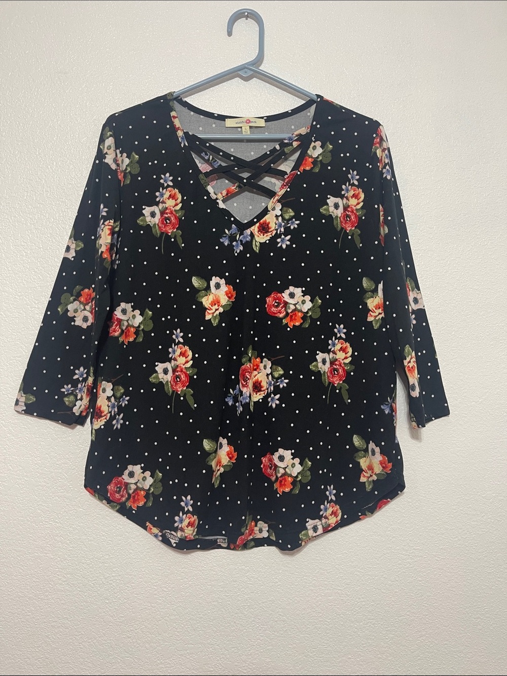 Wishful Park Black Floral Polka Dot Crisscross V-Neck Long Sleeve Tee
